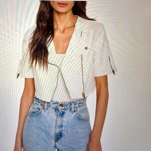 Lamarque White Cropped Moto Jacket with Gold Hardware
